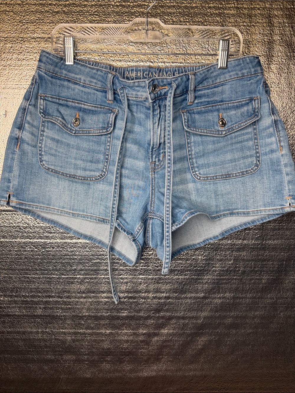 American Eagle Outfitters Light Wash Denim Tie-Waist Easy Shortie Cargo Shorts